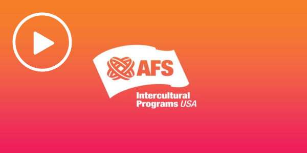 Play Button on Orange-Pink Gradient Background with AFS-USA Logo in white
